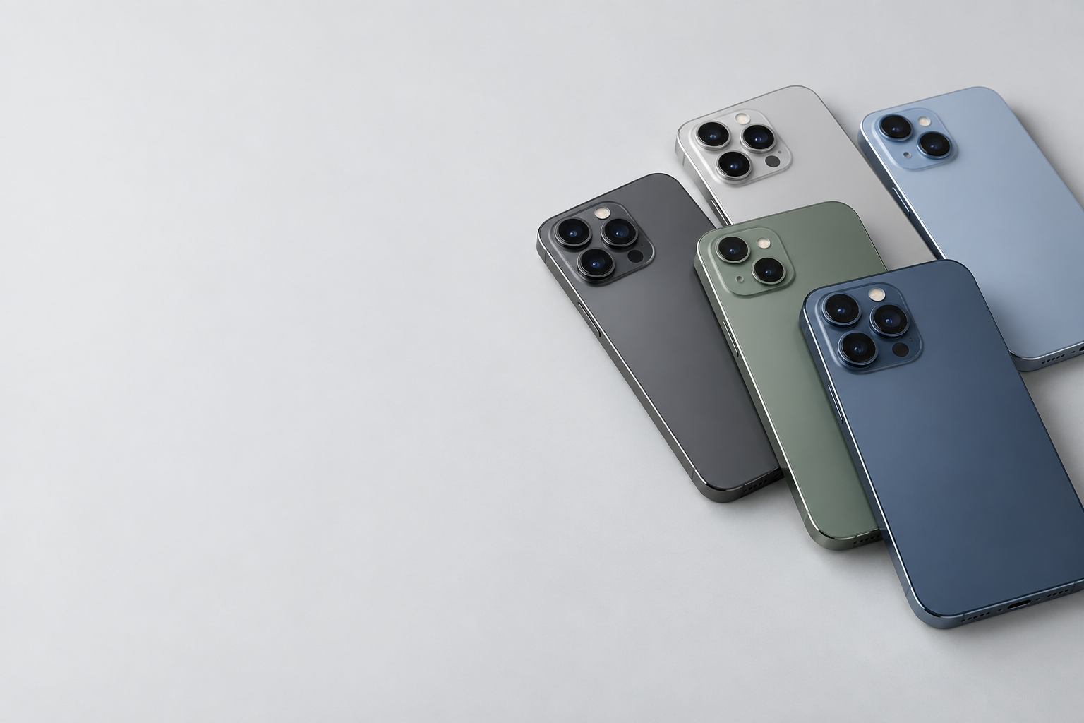 Illustrative arrangement of smartphones in graphite, silver, green and blue